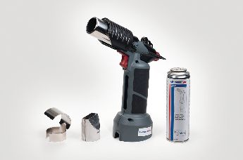 The CHG900 Cordless Heat Gun is powered by a P445 gas cartridge and includes 2 push-on nozzles for precise heat shrinking.