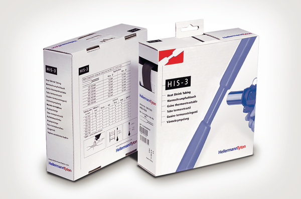 Dispenser boxes for HellermannTyton HIS heat shrink tubing proucts with a 3:1 shrink ratio