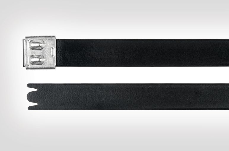 The MBT-FC cable tie is a coated stainless steel zip tie with smooth edges.