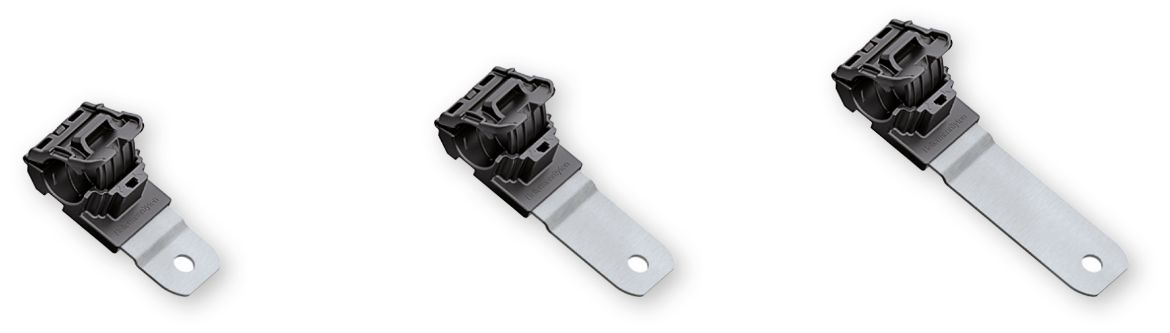 Abraçadeira de cabo Ratchet P-Clamp em placas curtas, médias ou longas.