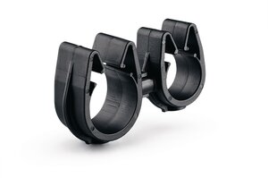 A rotatable dual routing clip that keeps two routings secured and separated.