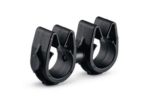 A rotatable dual routing clip that keeps two routings secured and separated.