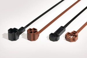 1-Piece Fixing Ties for Weld Studs, cloverleaf design. From left to right: 1. Standoff, 2. standard, 3. low profile head with standoff, 4. low profile head design. 