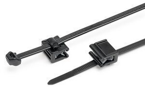 Kabelbinder (PP) mit Anti-Rutsch-Gravur, montiert mit EdgeClip für die seitliche Kabelführung.