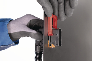 Fixing slider simply pushed onto the connector and hols securely on the panel.