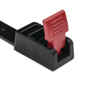 Releasable cable tie features a head design with extended pawl for quick release of bundles.