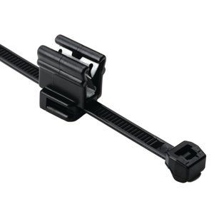 Two piece assembly allows the edge clip to slide along the cable tie strap to ensure proper orientation.