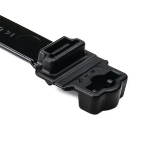 Tie utilizes a strong hinge between the stud mount and strap head to provide superior holding ability.