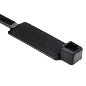 Cable tie features an identification plate to easily identify bundles.