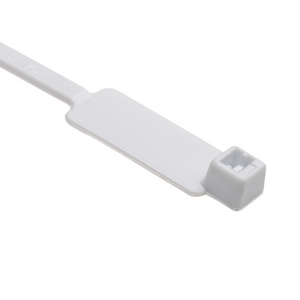 Cable tie features an identification plate to easily identify bundles.
