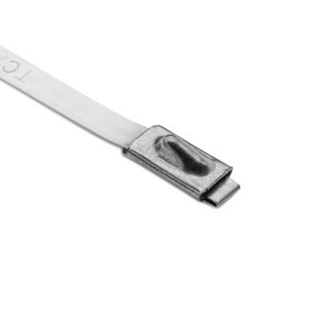 Stainless steel cable tie strap features a self locking, ball bearing mechanism that assures high tensile strength and easy insertion.