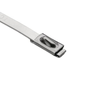 Stainless steel cable tie strap features a self locking, ball bearing mechanism that assures high tensile strength and easy insertion.