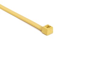 Stainless steel cable tie strap features a self locking, ball bearing mechanism that assures high tensile strength and easy insertion.