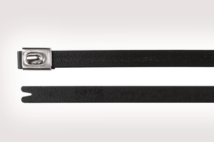 Stainless steel cable tie strap features a self locking, ball bearing mechanism that assures high tensile strength and easy insertion.