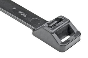 Heavy duty cable tie features a release in the head for easier bundle maintenance.