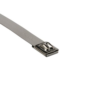 Stainless steel cable tie strap features a self locking, ball bearing mechanism that assures high tensile strength and easy insertion.