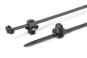 Cable tie (PP) with antislip engraving assembled with fir tree for round holes.