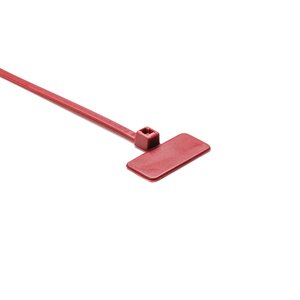 Cable tie features an identification plate to easily identify bundles.