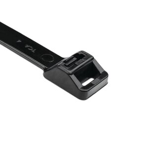 Releasable cable tie features a head design with extended pawl for quick release of bundles.