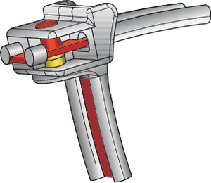 A abraçadeira é travada com o pino.