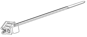 One-piece cable tie with edge clip applies easily to plastic and metal sheets without the need for a mounting hole.