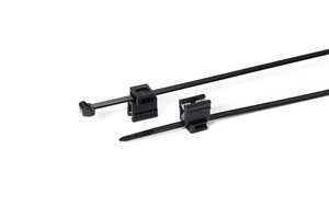 EdgeClip kombiniert mit einem Kabelbinder für die umgekehrte Führung von Kabeln und über die Kante.