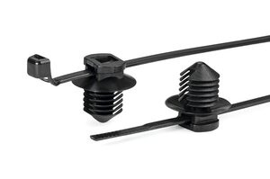 Rounded cable tie head for gapless bundling combined with a foot part for round holes
