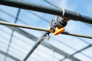 An irrigation system in a greenhouse secured with a biodegradable T120R cable tie.