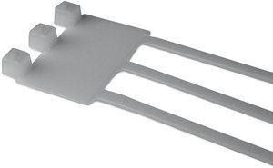 Cable tie features an identification plate to easily identify bundles.