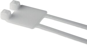 Cable tie features an identification plate to easily identify bundles.