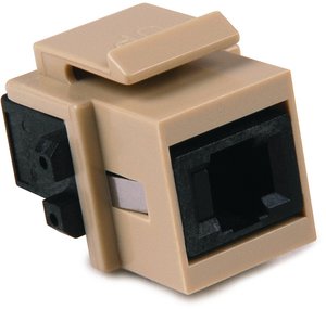 The connector module is a keystone footprint that inserts into HellermannTyton's standard flush wall plates.