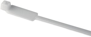 Cable tie features an identification plate to easily identify bundles.