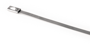 Stainless steel cable tie strap features a self locking, ball bearing mechanism that assures high tensile strength and easy insertion.