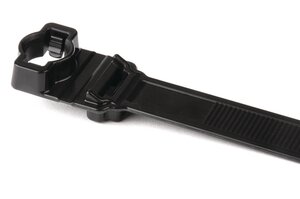 Tie utilizes a strong hinge between the stud mount and strap head to provide superior holding ability.