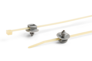 Pre-assembled 2-piece fixing tie with fir tree foot part for round holes