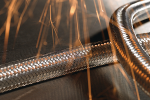 HelaGuard SCSB galvanised steel conduit with galvanised steel overbraid is highly resistant to hot metal swarf and splashes.