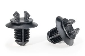Connector clip with fir tree for round holes, to fix cable chanels, brackets and holders.