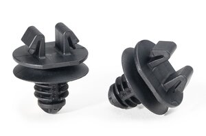 Connector clip with fir tree for round holes, to fix cable chanels, brackets and holders.