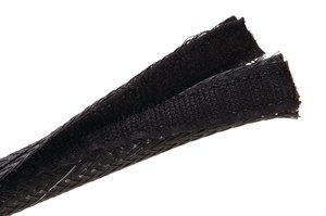 Expandable braided sleeving has an internal hook and loop strap that allows it to fit around odd-shaped connectors.