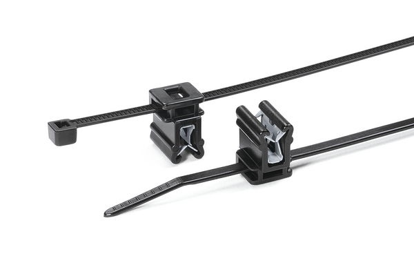 2-teiliger Befestigungsbinder für Kanten 1 - 3 mm und Kabelführung auf der Oberseite parallel zur Kante.