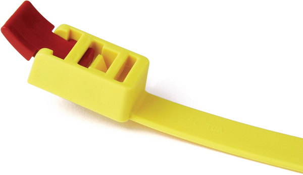 Releasable cable tie features a head design with extended pawl for quick release of bundles.