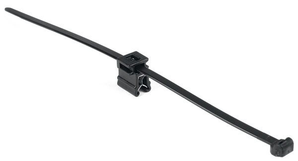Two piece assembly allows the edge clip to slide along the cable tie strap to ensure proper orientation.