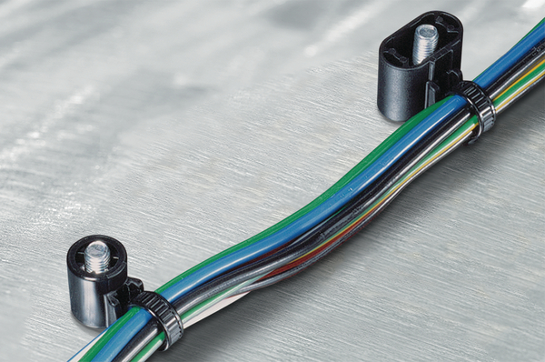 This outside serrated cable tie with weld stud mounting keeps the cables close to the fixing stud.